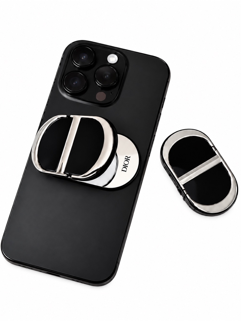 NWOB Dior Beauty CD Logo Phone Ring Grip Stand Black Silver New